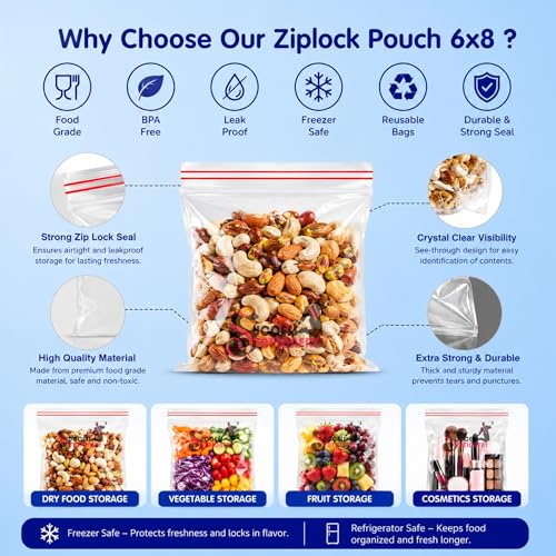 Image of Success Stationery Zip Lock Bags 6 inchx8 inch 100 Pcs - Reusable Transparent Ziplock Pouch for Clothes, Fridge Food Storage, Snacks & Travel Packing - Thick Resealable Zipper Cover