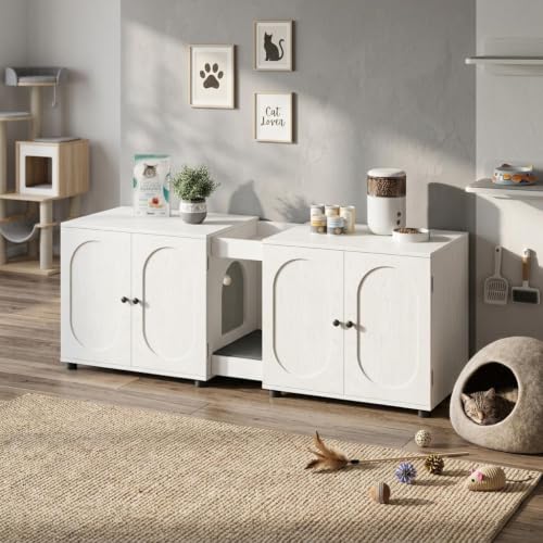 Takywep Modern Double Cat Litter Box Enclosure Cabinet for 2 Cats – Large Hidden Wooden Kitty Litter Furniture – Extra Storage, Ventilation, Easy to Clean – Living Room Table – American White Oak, No