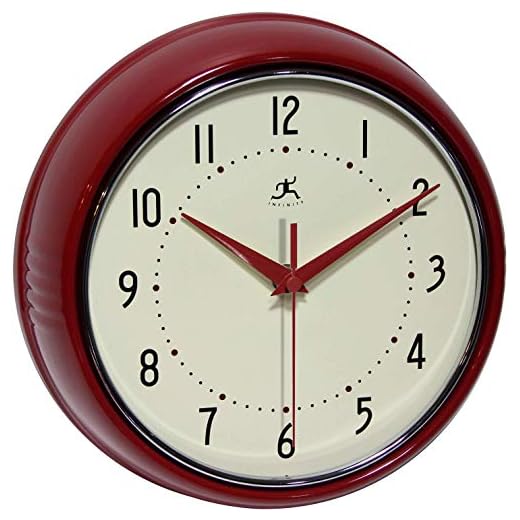 Infinity Instruments LTD. Retro 9 inch Silent Sweep Non-Ticking Mid Century Modern Kitchen Diner Wall Clock Quartz Movement Retro Wall Clock Decorative (Red)…