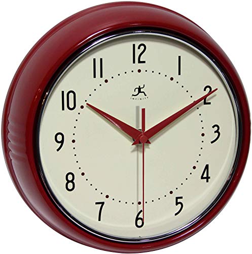 Infinity Instruments LTD. Retro 9 inch Silent Sweep Non-Ticking Mid Century Modern Kitchen Diner Wall Clock Quartz Movement Retro Wall Clock Decorative (Red)