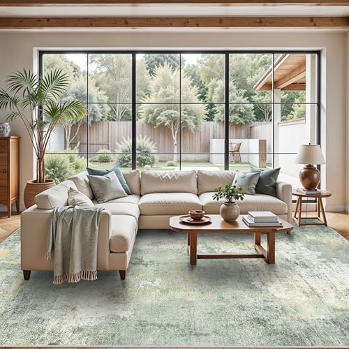 9x12 Area Rug for Living Room- Modern Abstract Machine Washable Rug Large Area Rug Indoor Stain Resistant Carpet for Bedroom Non-Slip Low Pile Soft Room Decor 9X12 Sage Green