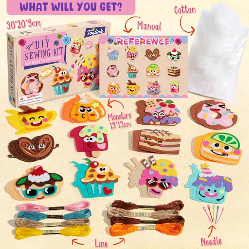 Image of Toylink DIY Sewing Kit for Kids Ages 4-12, 12 Dessert Felt Craft Kit with Pre-Punched Holes, Blunt Plastic Needles, Cotton Stuffing - First Sewing Kit STEM Learning Toys for Girls Boys Birthday Gift