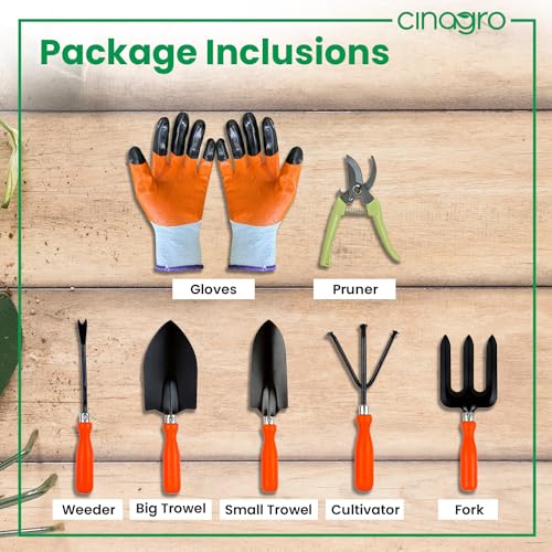 Image of Cinagro Garden Tools Kit (Set of 7) Weeder, 2 Trowels, Hand Fork, Cultivator, Pruner, Gardening Hand Gloves | Gardening Tools Kit for Home Garden, Indoor and Outdoor Gardening