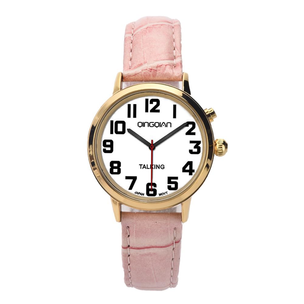QINGQIAN Talking Watch Suitable for The Elderly and Visually impaired for Female Style (Pink belt)