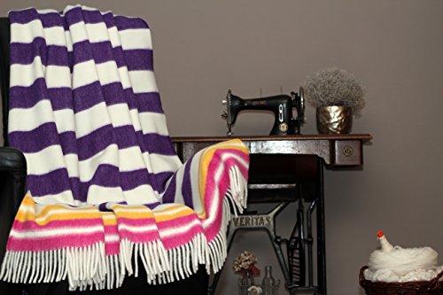 Die Woll-Friesen Flauschige Wolldecke/Wohndecke/Kuscheldecke/Plaid „Blavand“, lila gelb rosa gestreift, aus 100% feiner Schurwolle, unterschiedlichen Farben mit Streifen – Bild 3