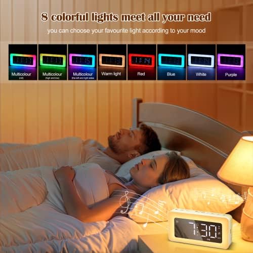 Achort Alarm Clock for Bedrooms LED Display Dimmable Digital Mirror Clock with Dual Alarm 8 RGB Night Lights 8 White Noise 16 Level Volume Bedside Clock for Kids Home Decor