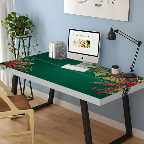 Image of Green Gold Holly Berry Desktop Sticker 39.37x23.62In, Classic Christmas Corner Desk Decal, Easy Clean Table Surface Sticker, Elegant Holiday Home Decor