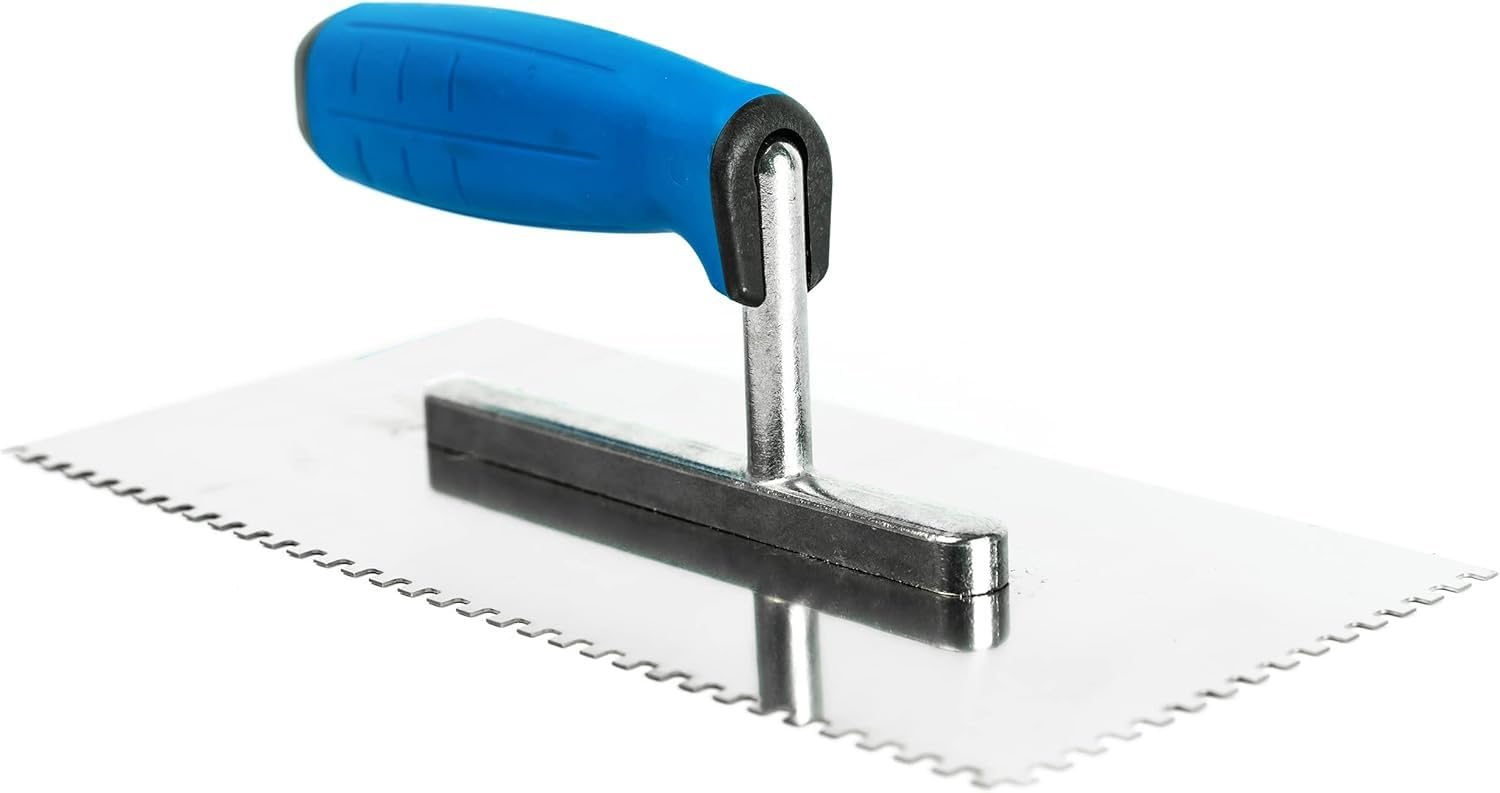 Fliesenkelle aus Edelstahl, gekerbt, 270 mm – 4 x 4 mm, quadratische Kerbe, Klebstoffspachtel mit weichem Griff, für Wand- und Bodenfliesenprojekte, langlebiges und rostbeständiges Werkzeug (N7804)