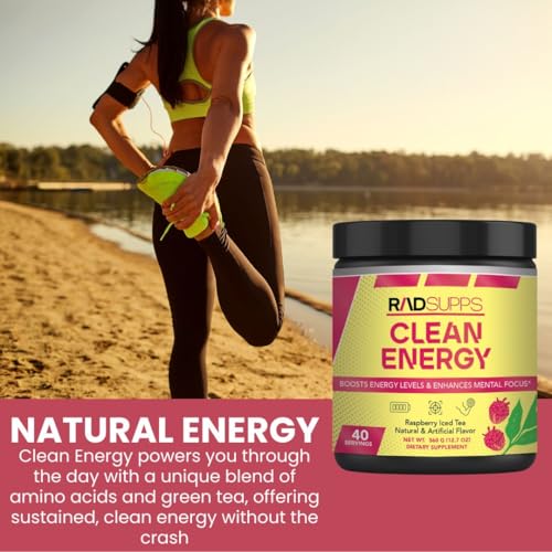Image of Clean Energy - Pre Workout Powder for Men & Women with BCAAs Amino Acids, Energy Drink Powder, Amino Acid Energy Powder for Energy & Focus - 40 Servings (12.7 oz, Raspberry Iced Tea)