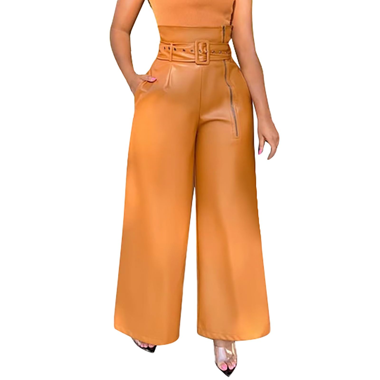 Pantalon en cuir synthétique pour femme taille haute avec ceinture et jambes larges - Pantalon de salon Palazzo en similicuir PU - Pantalon formel élégant et décontracté pour le travail, le travail -