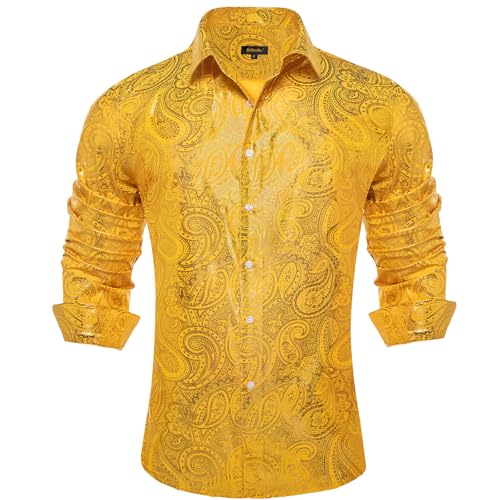 DiBanGu Mens Paisley Dress Shirt Luxury Printed Long Sleeve Button Down Shirts Regular Fit Shiny Shirts for Wedding Prom, Yellow and Gold, 3X-Large