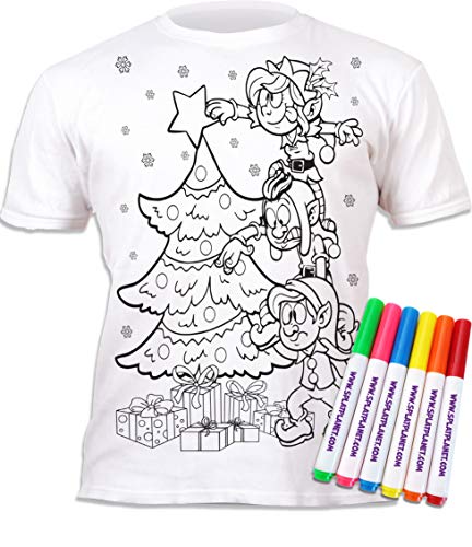 Splat Planet T-Shirt Elfe de Noël à colorier avec 6 stylos Magiques lavables Non Toxiques - T-Shirt à colorier et à Laver