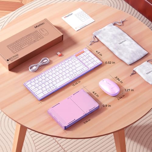 Image of MEETION Foldable Bluetooth Keyboard and Mouse, Portable Combo Purple | Slim foldable keyboard and mouse set with a soft travel pouch, rechargeable and multi-device connection for work on the go