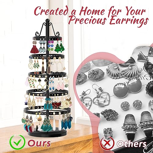 Image of MODOWEY 5 Tiers Metal Rotating Earring Holder Organizer Tree Spinning Display Stand Rack for Women, 220 Holes Adjustable Large Storage for Stud Dangle Hoop, Find Your Earrings at a Glance, Black