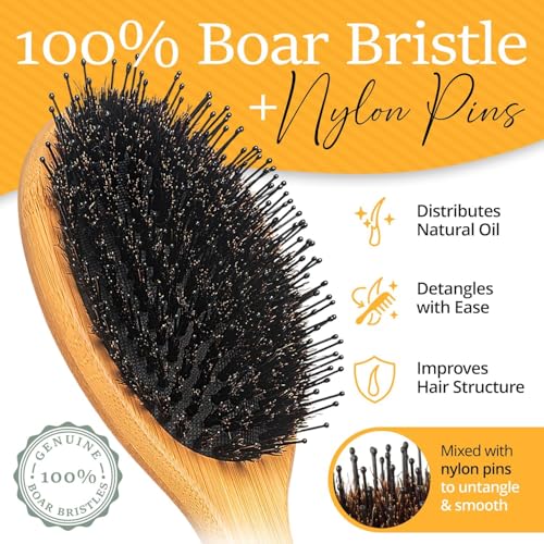 Image of Detangling Boar Bristle Hair Brush Set for Women, Men And Kids With Thick, Long And Curly Hair. Detangles And Restores Shine And Texture To Your Hair. Wooden Comb, Travel Bag & Spa Headband