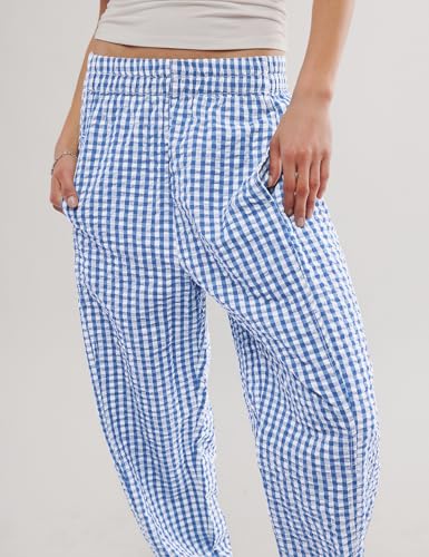 Image of PEHMEA Cotton Gingham Boxer Pants for Women Casual Plaid Harem Trousers Y2K Beach Lounge Bottoms with Pockets