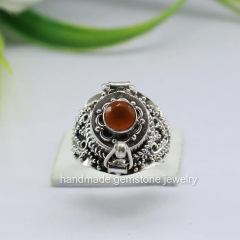 Handmade Faceted Carnelian & Red Onyx Poison Ring - Openable Round Pill Box Ring for Secret Stash Jewelry