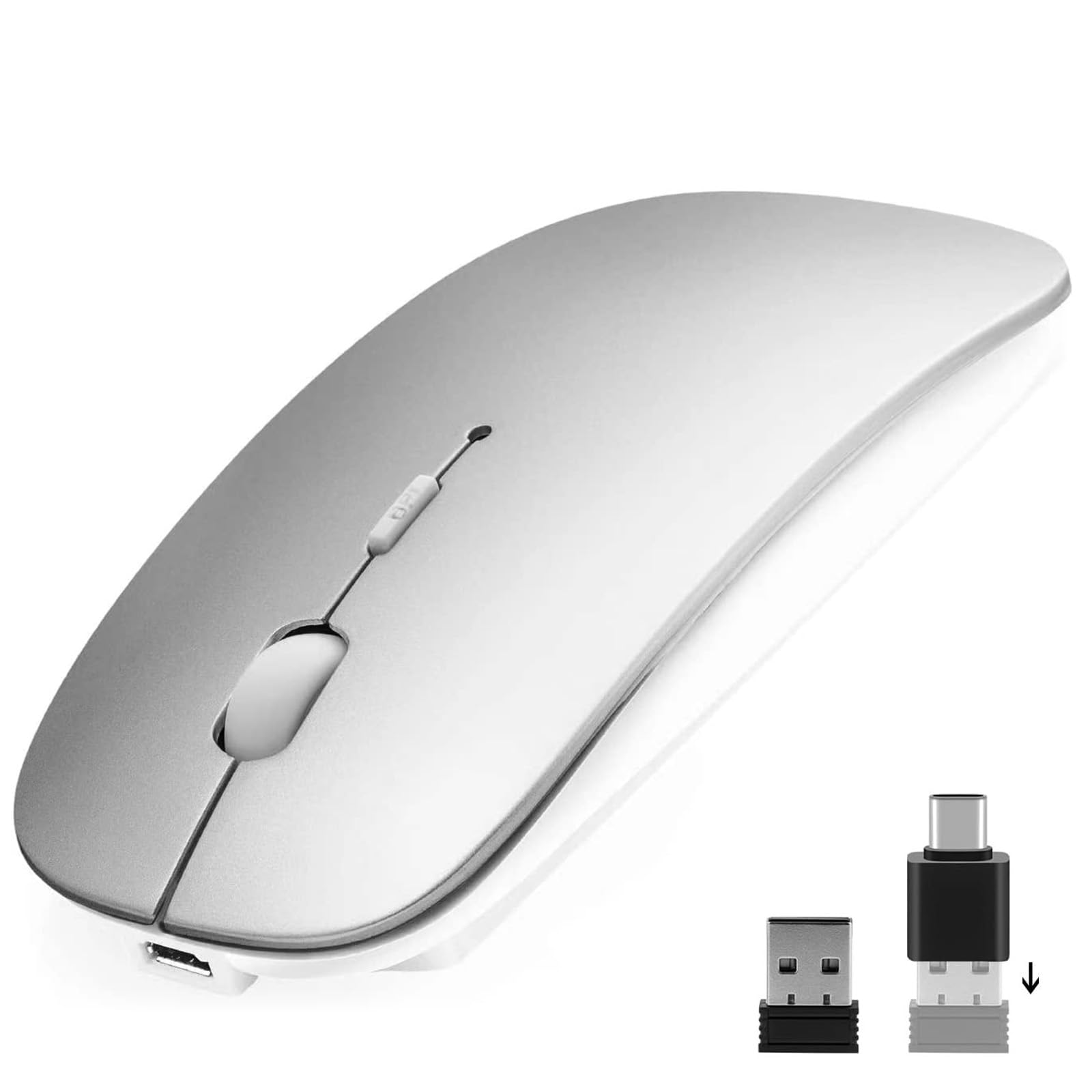 AE WISH ANEWISH Bluetooth Maus with USB-C-Adapter fur Mac/iPad/iPhone/PC/Computer, wiederaufladbar geräuschlos Mini Kabellose Maus für Windows/Linux/Android, 3 DPI Einstellbares Bluetooth 5.0 Silber