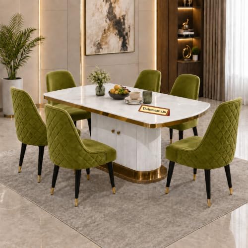 Image of 6-Seater Modern Elite Opal Storage Wooden Dining Table Set | 2 Year Warranty | Created Italian Statuario Marble Top | Elegant Composite Marble Table with 6 Chairs (Sea Green)
