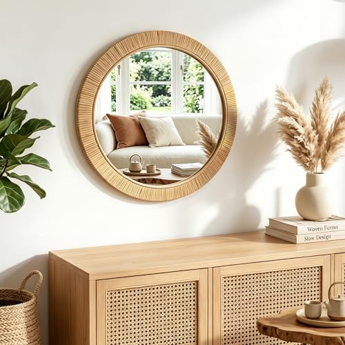 iyabat 24x24 inch Large Round Rattan Mirror for Wall Boho Decorative Wicker Mirror Waterproof Synthetic Rattan Frame for Bathroom Bedroom Living Room Entryway