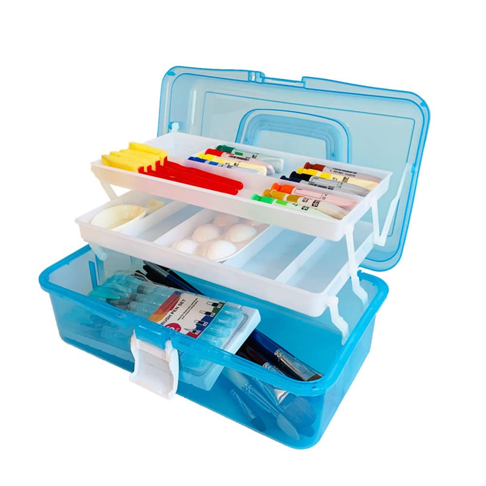 Mu Mianhua Craft Caddy Box Plastic Cantilever Box Three Layer Foldable Storage Box Art and Craft Box for Pencils Paints Pastels Craft Accessories(Blue)