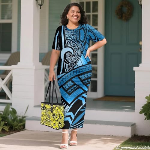 Image of Polynesian Dress for Women Short Sleeve High Waist Maxi Skirt | Puletasi dress, t-shirt and skirt two-piece, elastic material, lightweight, soft, plus size, luau party, wedding, clubwear