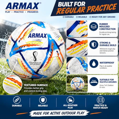 Image of Qatar Football Practise Foot Ball Training Match Football Size 5 Original for All Ages Group Rubber Moulded Standard Sports Foot Ball for Ground, Grass, Turf, Outdoor Waterproof