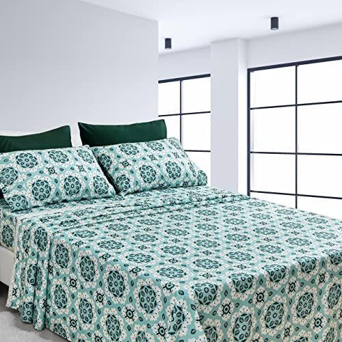 American Home Collection Ultra-Soft Microfiber Sheet Set - Double Brushed - Wrinkle and Stain Resistance - Fit 14 inches Deep Pocket - 6 Pieces Set (King, Forest Green Mandala)