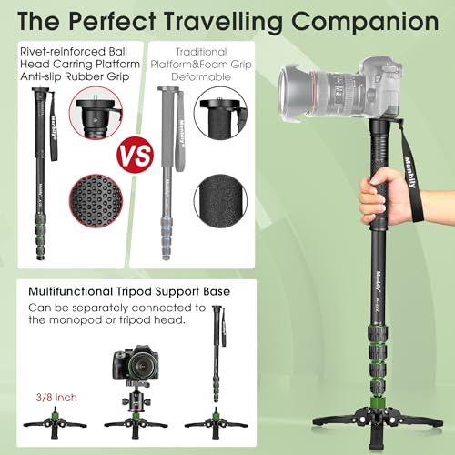Manbily Camera Monopod with Feet 5 Sections 67-in 170cm Extendable Portable Travel Aluminum Monopod with Removable Tripod Stand Base for DSLR Canon Nikon Sony Video Camcorder Max Load 15.5lbs(A-222) - Image 2