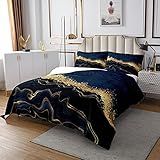 Chic Marmor Tagesdecke für Erwachsene, Bronzing Stone Grain Tagesdecke 220x240 für Kinder Jungen Frauen, Abstrakte Fluid Tagesdecke Quilt Set Marmor Gold Glitzer Schlafzimmer Dekor, Gold Dunkelblau
