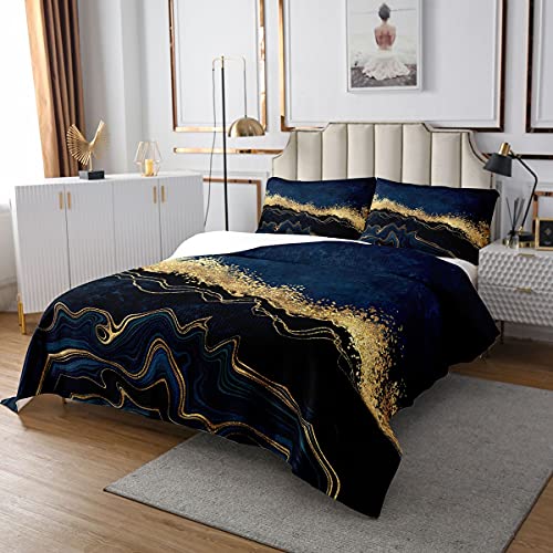 Chic Marmor Tagesdecke für Erwachsene, Bronzing Stone Grain Tagesdecke 220x240 für Kinder Jungen Frauen, Abstrakte Fluid Tagesdecke Quilt Set Marmor Gold Glitzer Schlafzimmer Dekor, Gold Dunkelblau