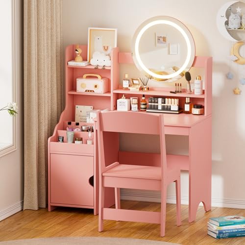Kids Vanity,Pink Princess Vanity Set with Lighted Mirror,2 in 1 Makeup Vanity with 3-Color Lights,3 Compartments and Storage Cabinet, Vanity Set with Stool for Little Girls