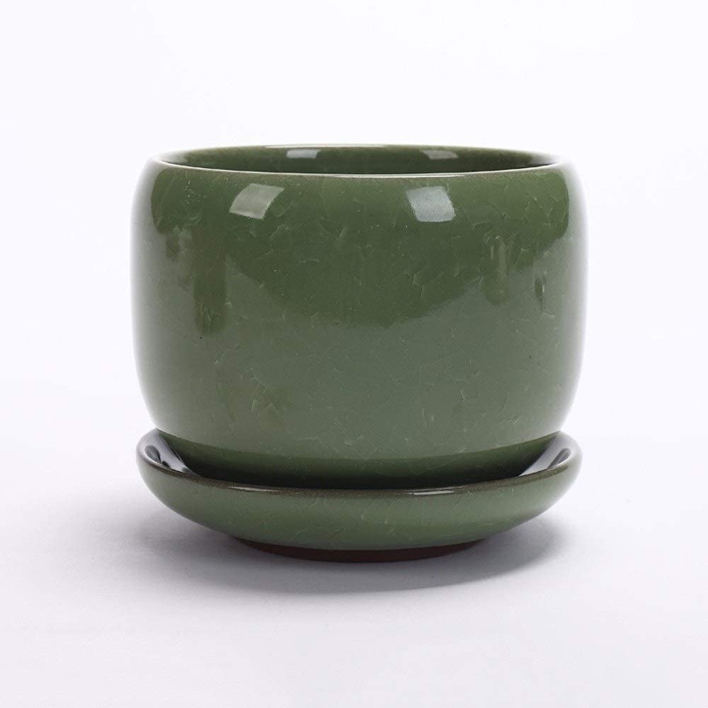 DFGHNBVC Ceramic Ice Crack Succulent Plant Pot With Tray Cactus Plant Pot Flower Pot Container Planter For Home Garden Office Decoration Containers Flowing Glaze Pots,G-18CM