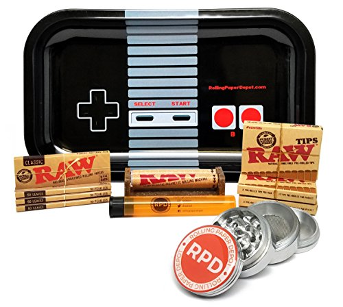 Bundle - 11 Items - Raw Natural 1 1/4 Cigarette Rolling Papers (4 Packs), RAW Pre-Rolled Tips (3 Packs), RAW 79mm Roller and Rolling Paper Depot Rolling Tray (Controller), Grinder and KewlTube
