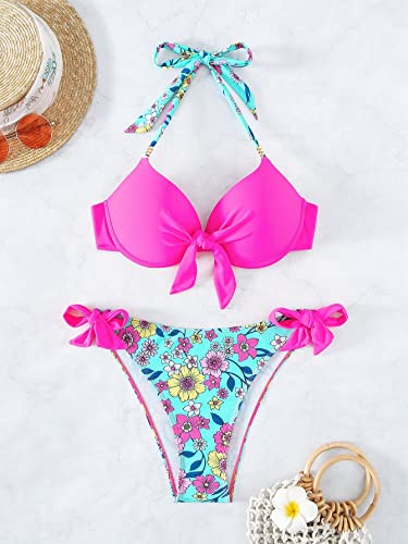 Milumia Women's 2 Piece Floral Print Push Up Bikini Sets Knot Side Halter Swimsuits3