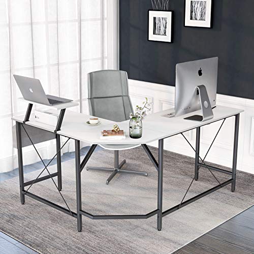 Image of Cubiker Modern L-Shaped Computer Office Desk, Corner Gaming Desk with Monitor Stand, Home Study Writing Table Workstation for Small Spaces, White