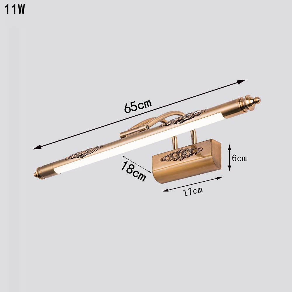 11W Antik Spiegellampe Spiegelleuchte Badezimmer LED Retro Verstellbar Badleuchte Vintage Metall Kupfer, Wasserdicht Retro Make-up Licht, Wände Spiegelschrank Schminkleuchte Natürliches Licht, D65cm