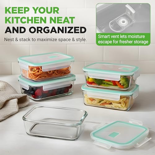 Image of NutriChef 10 Piece Glass Food Storage Containers with Lids - 30 oz Meal Prep Containers Reusable Glass - Airtight Lunch Containers for Food Storage - Freezer to Oven Safe - Green