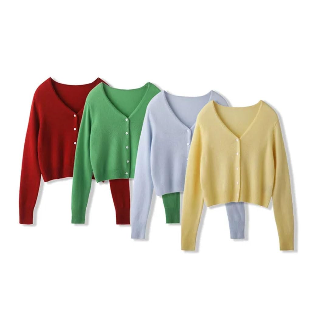 Cárdigan de cachemira para mujer, color liso, de punto, ajustado, manga larga, cuello en V
