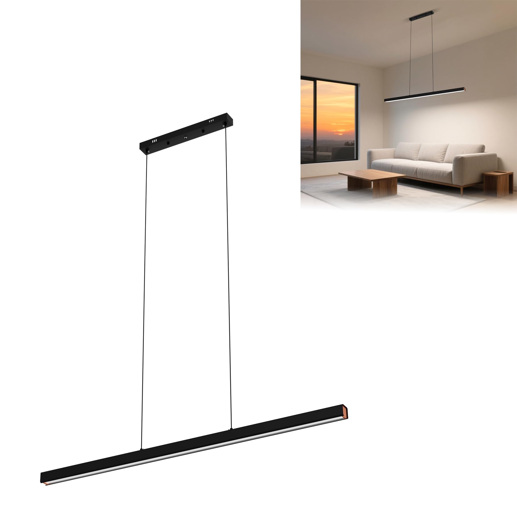 UISEBRT Moderne Pendelleuchte Schwarz 150cm, LED Hängeleuchte Hängend für Wohnzimmer, Deckenlampe Hängend 60W, Höhenverstellbar bis 115cm, Esszimmerlampe, Linear Design - Warmes Licht