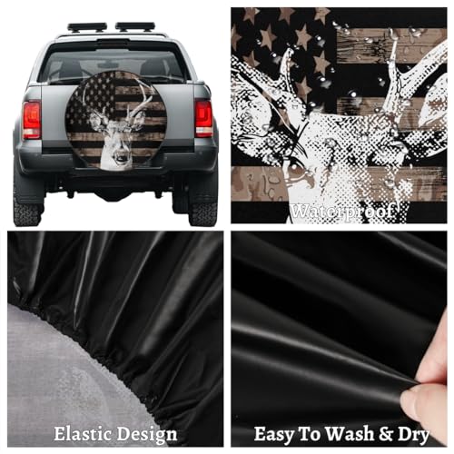 Image of American Flag Camo Tire Covers Protectors Weatherproof Dust-Proof Deer Animal Spare Wheel Cover Fit for Jeep Wrangler RV, SUV, Truck Travel Camper Trailer Vehicle 14 inch