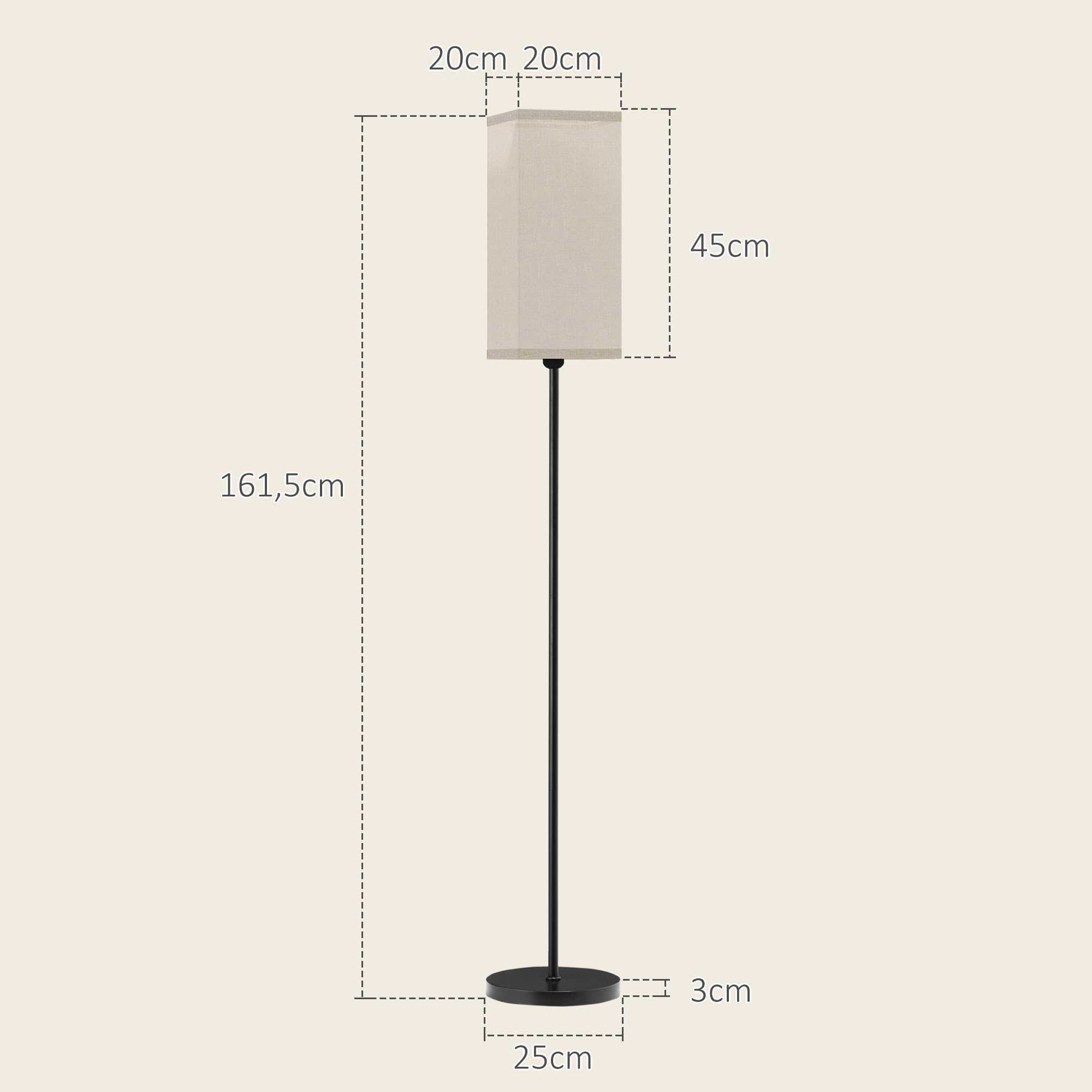 HOMCOM Lampadaire sur pied salon, lampe salon sur pied, avec abat-jour beige effet lin, interrupteur, pour chambre à coucher, noir