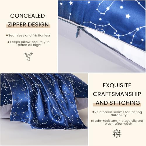 Image of THXSILK Natural Mulberry Silk Pillowcase for Hair and Skin Heath, Grade 6A+ Mulberry Silk Hypoallergenic Pillow Cover with Zipper, 1pc (King 20 inchx36 inch, Navy Blue Constellation Pattern)