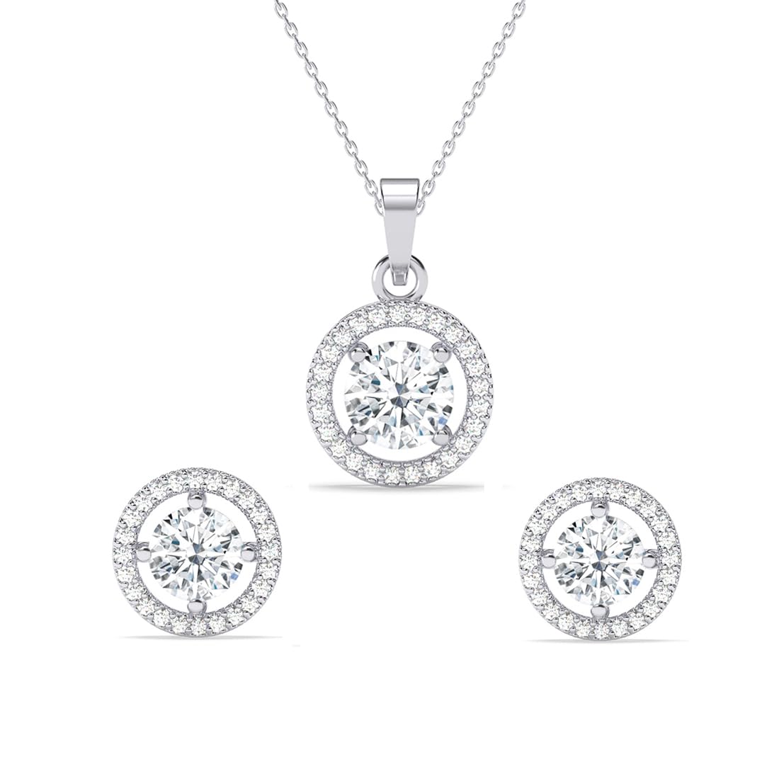 clara 925 Sterling Silver Halo Round Solitaire Pendant Earrings Chain Necklace Jewellery Set | Platinum Plated, Swiss Zirconia |Gift for Women and Girls-picture-44
