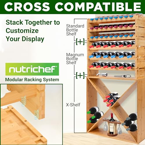 Image of Nutrichef X Self Oversize Stackable Modular Wine Rack, Fits Up to 84 Standard Size Bottles Compatible and Stackable w /All Wine Racks - Bamboo Construction with Anti Moisture Protective Finish