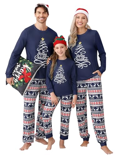 Clearlove Pijama de Navidad de dos piezas, conjunto de pijama largo de Navidad, traje de invierno, ropa de dormir para mujer, hombre y niños, Mujer-azul, L