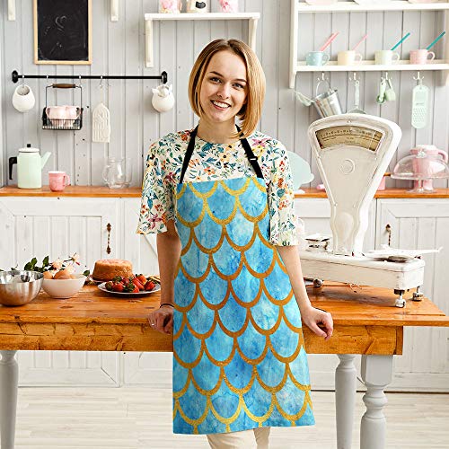 Hgod Designs Mermaid Scales Kitchen Apron,Watercolor Blue And Gold Fish Scales Kitchen Aprons For Women Men For Cooking Gardening Adjustable Home Bibs,Adult Size #TOP2