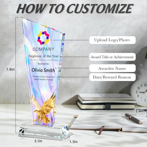 Image of Custom Crystal Trophy Award Personalized Plaque Award with Text Logo Photo Awards Trophies for Employee Recognition Team Graduation Personalized Office Gifts for Boss Coworker Teacher