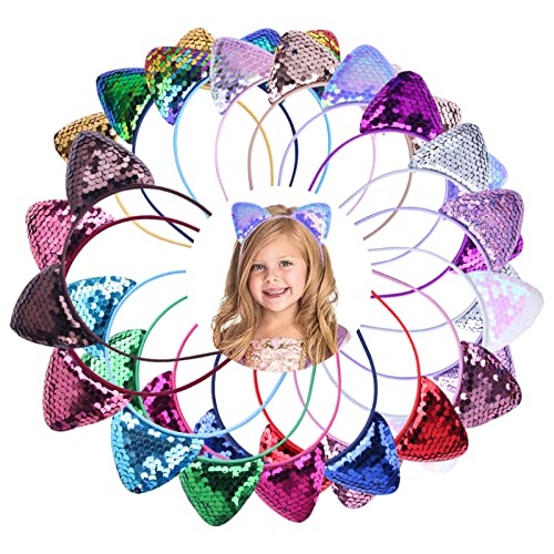 Blausky Pack of 2 Sequin Cat Headband, Cute Ears, Headband, Reversible Fish Scale Sequins, Shiny Hair Bands - Image 4