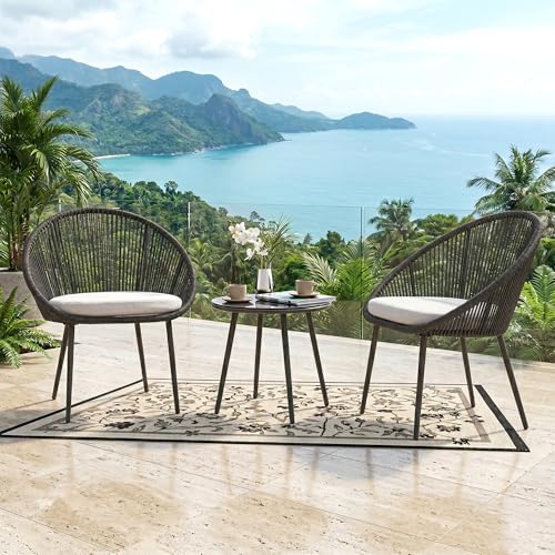 Image of BRISHI Garden Patio Seating Chair and Table Set Outdoor Balcony Garden Coffee Table Set Furniture with 1 Table and 2 Chairs Set with Cushion Braid & Rope (Black)